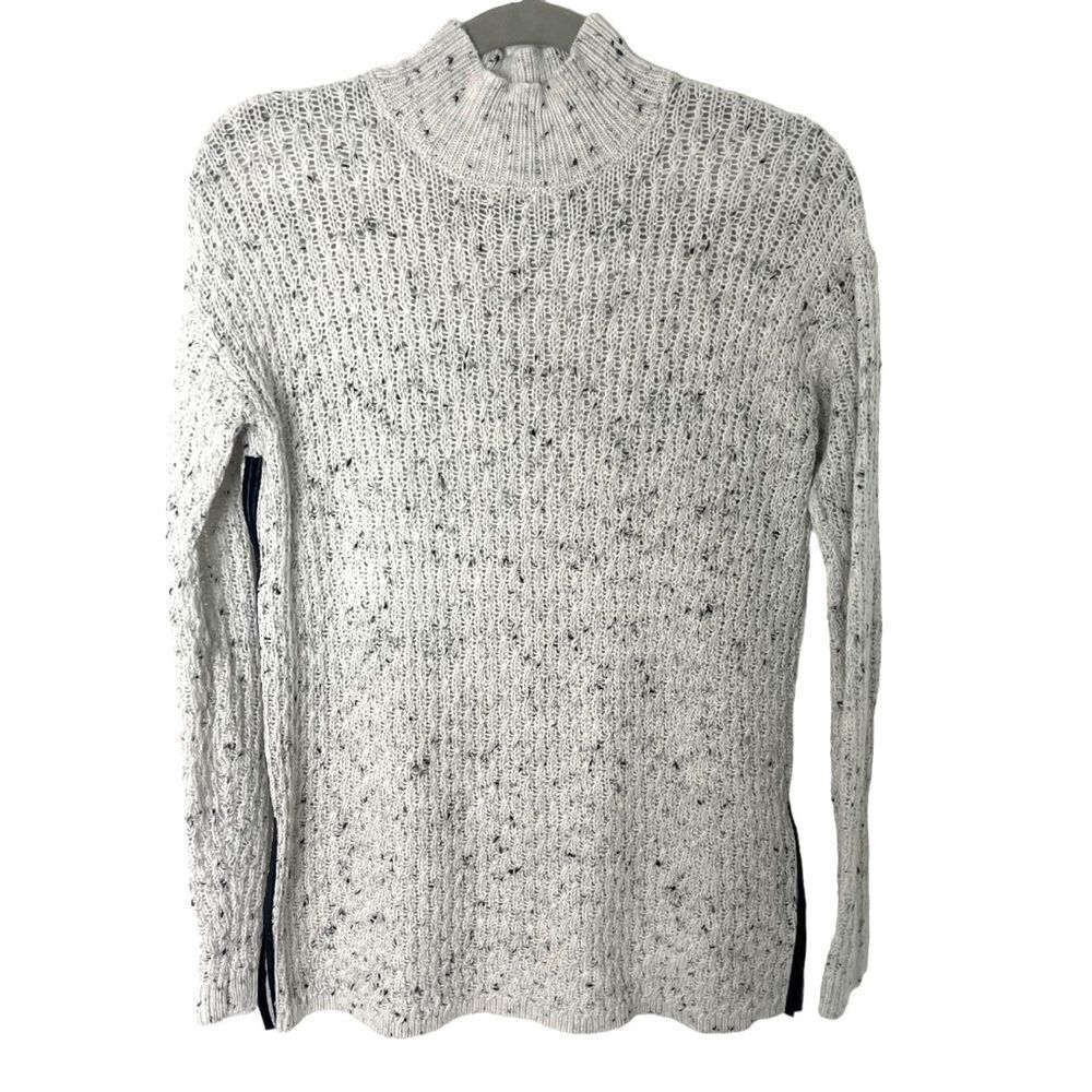 Bar III Women's Faux Leather Trim Mock Neck Long Sleeve Sweater Washed White